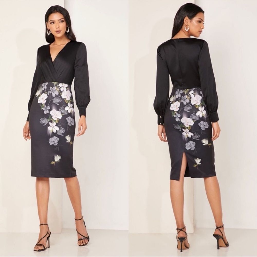 Ted Baker 5/14 Opal Alithea Black Floral V Neck Long Sleeve Bodycon Midi Dress